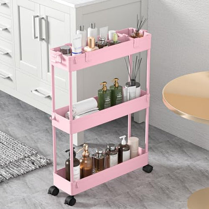 SPACELEAD Slim Storage Cart 3 Tier,Bathroom Organizer Rolling Utility,Mobile Shelving Unit Slide Out for Office, Kitchen, Laundry Room & Narrow Places,Pink - color: Pink