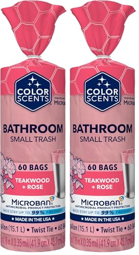 Color Scents Small Trash Bags - 4 Gallon, 60 Bags (2 Pack of 60 Count), Twist Tie - Pink Bag in Teakwood + Rose Scent with Microban - size: 60 Count (Pack of 2), style: Teakwood + Rose Scent