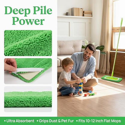 12Pack Reusable Coral Fleece Mop Pads Compatible with Swiffer Sweeper and All 10-12 Inch Flat Mops - Machine Washable Wet Dry Floor Cleaning Pads for Hardwood Laminate Tile Marble