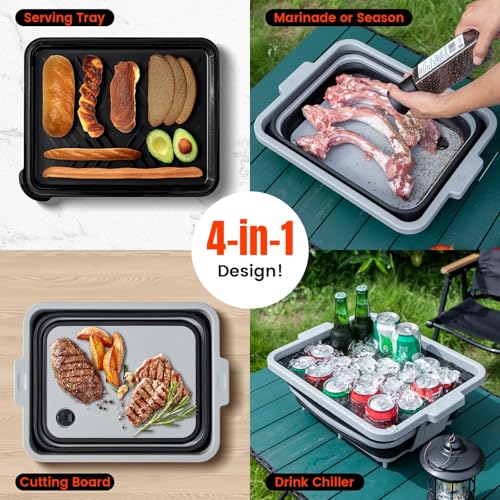 Upgraded Collapsible BBQ Prep Tub with Lid & Foldable Handle Stand - 4-in-1 for Meal Prep Marinating, Food Storage Container, Cutting Board & Beverage Cooler - Perfect for Camping & Picnic