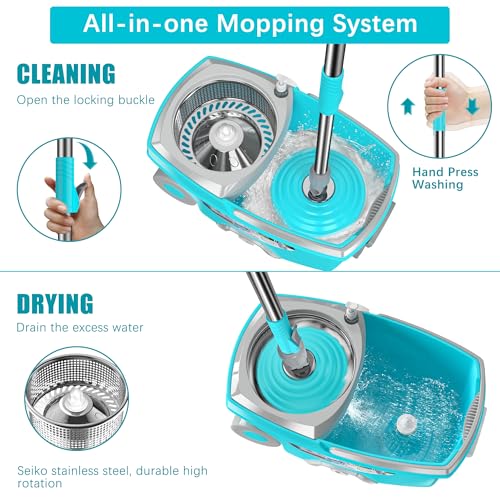 FunClean Spin Mop and Bucket for Home Cleaning, 360° Rotating Floor Mop with Wringer, Adjustable 61" Handle for Back Pain Relief, 6 Microfiber Replacement Heads, 2 Easy-Move Wheels - Blue - size: Blue Mop Bucket with 6 Extra Refills