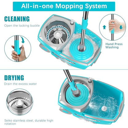 FunClean Spin Mop and Bucket for Home Cleaning, 360° Rotating Floor Mop with Wringer, Adjustable 61" Handle for Back Pain Relief, 6 Microfiber Replacement Heads, 2 Easy-Move Wheels - Blue - size: Blue Mop Bucket with 6 Extra Refills