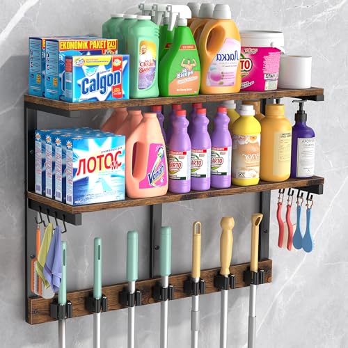Housolution 2 Tier Broom Holder Wall Mount with Cleaning Supplies Organizer, 100 LBS High Load-Bearing Laundry Room Storage Shelves, Multifunctional Mop Hanger Rack with 7 Grippers & 8 Hooks - size: 7 Grippers with 2 Tier Shelf