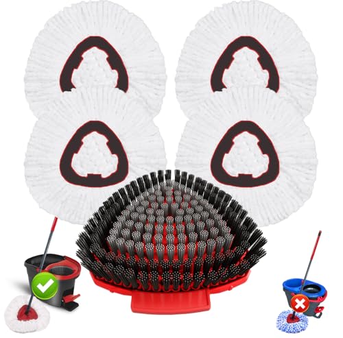 Fatmass 5 Pack Spin Mop Replacement for O Cedar EasyWring 1-Tank System,Include 4 Mop Replace Heads + 1 Upgrade Scrubber Brush, 100% Microfiber Mop Refills Deep Cleaning Machine Washable - color: White (4 Mop Heads+1 Brush)