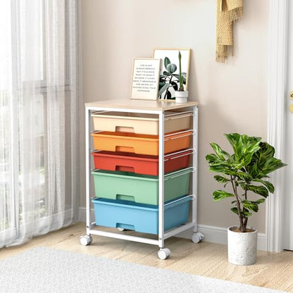 SYKIARIOL Utility Cart with 5 Drawers,Storage Cart with Wooden Tabletop and Lockable Wheels,Craft Storage Trolley Organizer,5-Tier Rolling Utility on Wheels,Macaron - color: Macaron