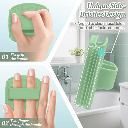 Silicone Back/Body/Face Scrubber & Lymphatic Contour Face Brush Set 4PCS, 13.4'' Soft Back Scrubber, 360° Anti-Slip Bath Glove, Unique Side-bristled Face Scrubber for All-Round Cleaning(Green) - color: Green*4