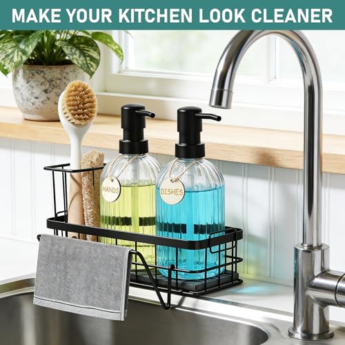 Hand and Dish Soap Dispenser Set, 14.4 oz/425 ml Dish Soap Dispenser, Dish Soap Dispenser with Sponge Holder & Diatomite Tray, for Countertop Organizer - color: Clear