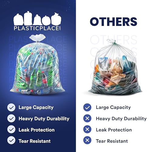Plasticplace 55-60 gallon Trash Bags │ 1.2 Mil │ Clear Garbage Can Liners │ 38” x 58” (100Count)
