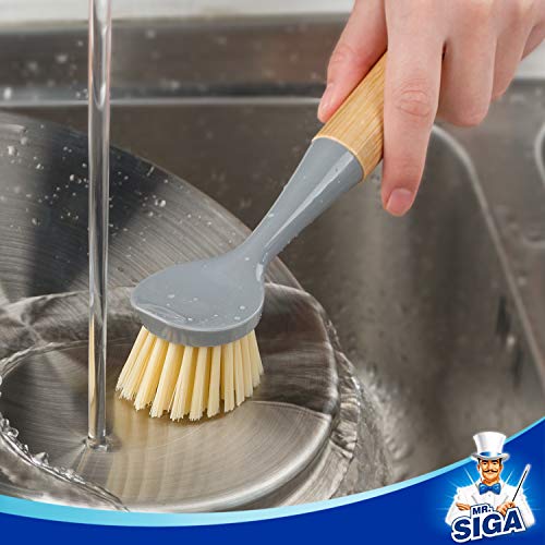 MR.SIGA Dish Brush with Bamboo Handle Built-in Scraper, Scrub Brush for Pans, Pots, Kitchen Sink Cleaning, Pack of 2 - color: Gray