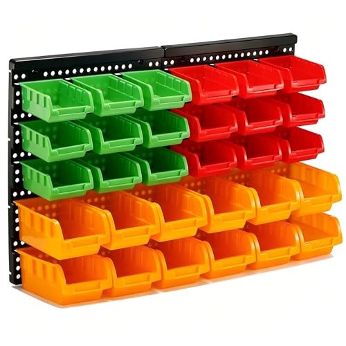 30-Bin Wall Mounted Storage Bins Kit, Tool Organizer Rack, Garage Hardware Organizer, Parts Storage Bins, DIY Combination(Red & Green & Orange Type) - size: 25.2inch*16.2inch, style: Style-303