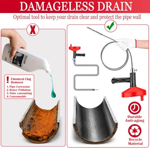 Drain Snake Auger 33 Ft, Plumbing Snake Drain Hair Clog Removal Tool, Heavy Duty Snake Auger, Sink Unclogger Drain Cleaner Tool for Bathroom Kitchen Tub Shower Drain Clog Remover with Gloves, Red