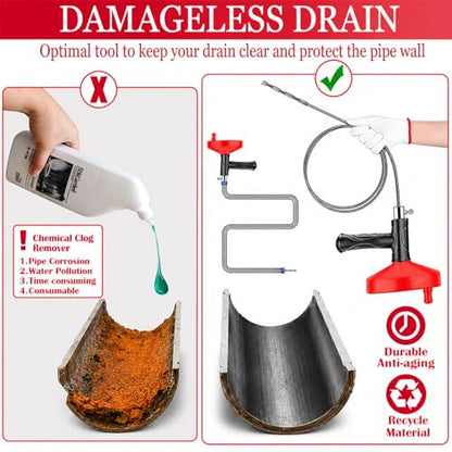 Drain Snake Auger 33 Ft, Plumbing Snake Drain Hair Clog Removal Tool, Heavy Duty Snake Auger, Sink Unclogger Drain Cleaner Tool for Bathroom Kitchen Tub Shower Drain Clog Remover with Gloves, Red