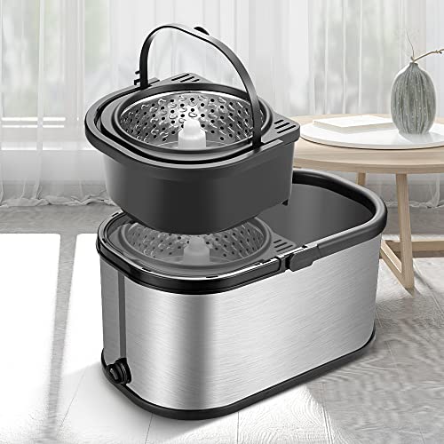 Spin Mop Bucket System Stainless Steel Bucket and Mop Set with 6 Microfiber Replacement Head Refills, Floor Mop with 4 Wheel