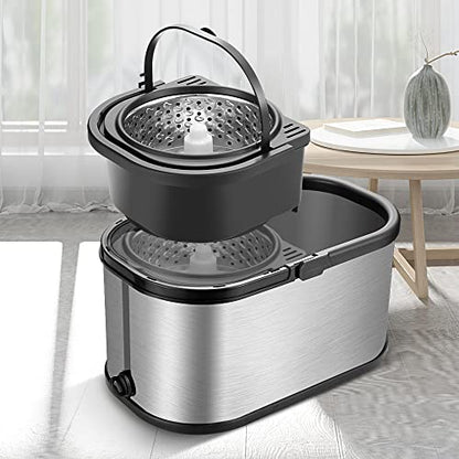 Spin Mop Bucket System Stainless Steel Bucket and Mop Set with 6 Microfiber Replacement Head Refills, Floor Mop with 4 Wheel