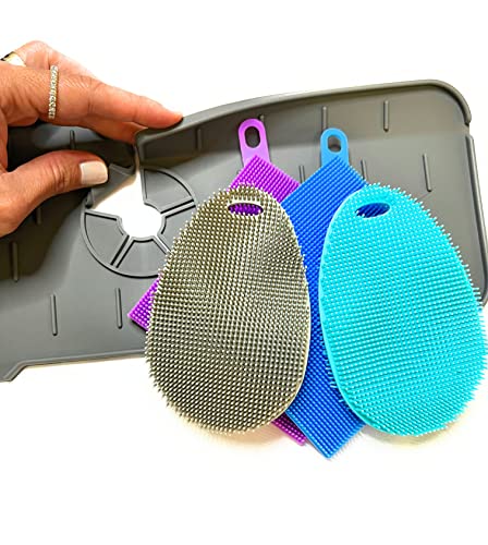 Faucet Mat for Sink - Silicone Scrubber Dish Set, Splash Guard, Food Grade BPA Free Kitchen Scrubber - color: 4sponges+1mat