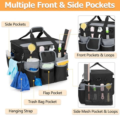 HODRANT Large Rolling Cleaning Caddy with Detachable Trolley & Lid, Cleaning Cart on Wheels with Shoulder Strap & Handles, Cleaning Supplies Organizer with Multi Pockets for Cleaning Tools Storage