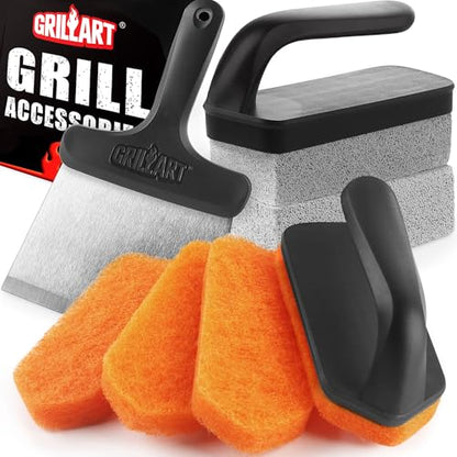 GRILLART Griddle Cleaning Kit for Blackstone, Flat Top Grill Cleaning Kit with Grill Stone, Griddle Scraper, Scouring Pad and Handles, Multifunctional Griddle Accessories for Rusty Grills, Orange - style: BSK-02
