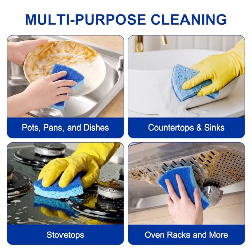 LILAC Non-Scratch Cellulose Scrub Sponges, Ergonomic S-Shape Dual-Sided Dishwashing Sponges for Kitchen, Heavy Duty Cleaning Pads Safe for Non-Stick Cookware & Household, Blue, 12 Pack (12)