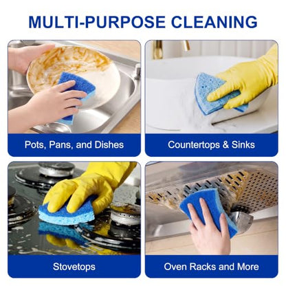 LILAC Non-Scratch Cellulose Scrub Sponges, Ergonomic S-Shape Dual-Sided Dishwashing Sponges for Kitchen, Heavy Duty Cleaning Pads Safe for Non-Stick Cookware & Household, Blue, 12 Pack (12)