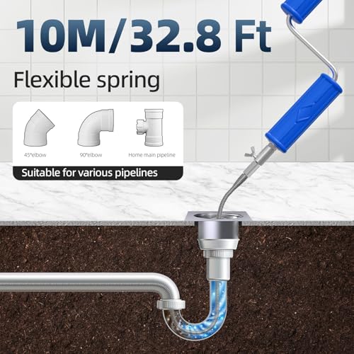 Drain Snake, Drain Auger with Drill Attachment, 32.8 Feet By 6MM Plumbing Snake Auto Feed Flexible Hair Drain Clog Remover for Kitchen, Bathrom and Shower Sink