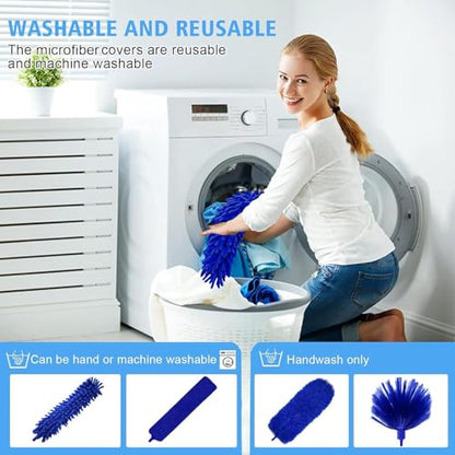 5-in-1 Kit Dusters for Cleaning, Duster with Extension Pole, Extendable Duster with 100 Inches, Microfiber Dusters, Webster Cobweb Duster for Cleaning Ceiling Fans, Furniture, Blinds - Blue - color: Blue