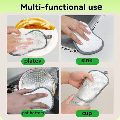 Cleaning Sponges, Multipurpose Heavy Duty Scrub Sponges, Double-Sided Sponge with Silver Stainless Steel and Multi-Layer Fiber, Kitchen Sponges for Cleaning Around The Home, Bathroom & More (5)