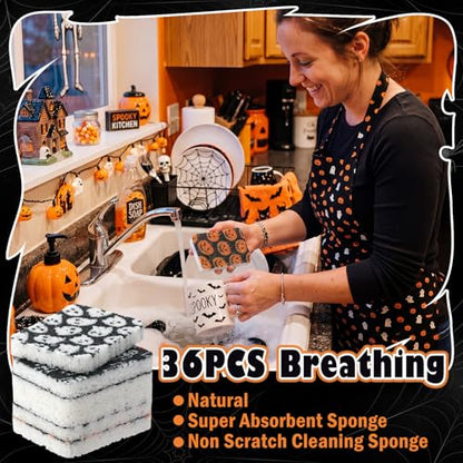 Hahafelt 36 Pack Halloween Compressed Cellulose Sponges Bulk Pop up Ghost Pumpkin Skull Kitchen Sponges Natural Kitchen Compostable Non Scratch Dish Tools for Washing Dishes Cleaning Countertop Sink - style: Halloween Ghost