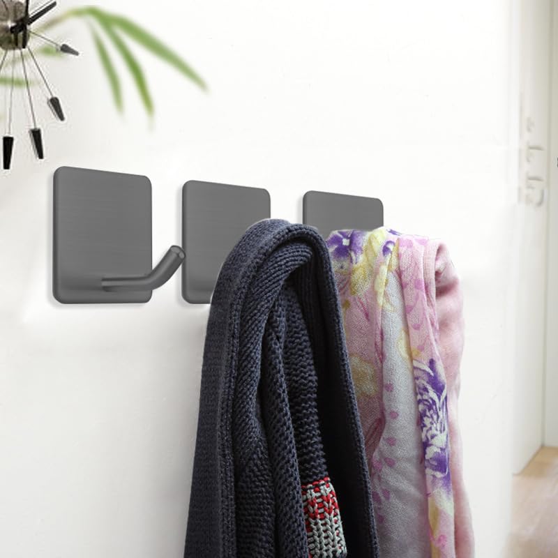 FOTYRIG Adhesive Towel Hooks Stick on Towel Hanger Wall Hooks Waterproof Stainless Steel Sticky Hooks for Hanging Bathroom Kitchen Home Grey -4 Packs - color: Gray