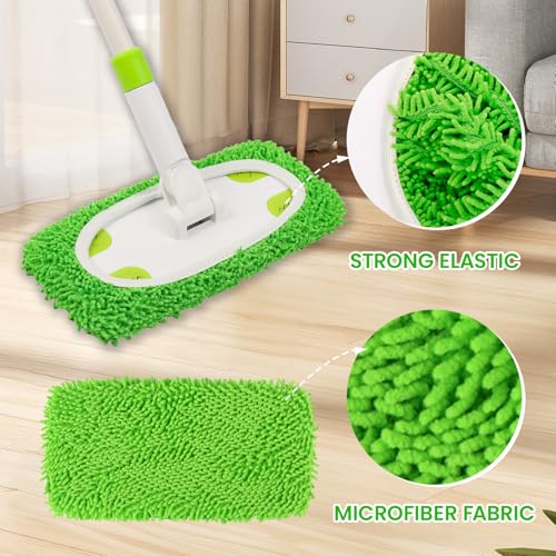 Reusable Microfiber Floor Mop System, Wet & Dry Sweeper Kit, Includes 1 Sweeper Handle, 3 Washable Chenille Mop Pads, Dry & Wet Use for Hardwood, Tile, and Laminate Floor, Green - color: Green
