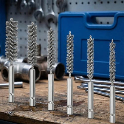 6 PCS Stainless Steel Wire Bore Brush Set, 1/4" Hex Shank Twisted Drill Brushes, 8/10/12/15/17/19mm for Rust Removal & Pipe Tube Cleaning