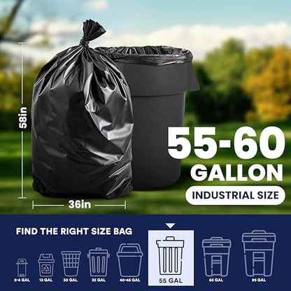 Plasticplace 55-60 Gallon Trash Bags │ 1.5 Mil │ Black Heavy Duty Garbage Can Liners │ 36” x 58” (100 Count) - style: 1.5 mil. - 36" x 58"