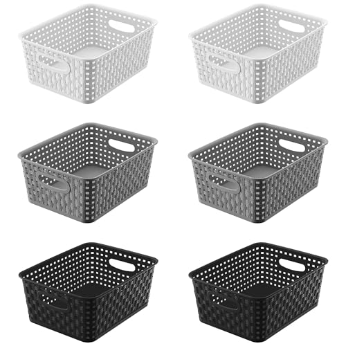 6 Pack Plastic Small Woven Storage Baskets, Black/White/Grey Assorted Organizer Shelf Weave Baskets for Home Organization, Pantry, Closet, Bathroom, Kitchen (10x7.5x4 in) - color: Black, White, Grey