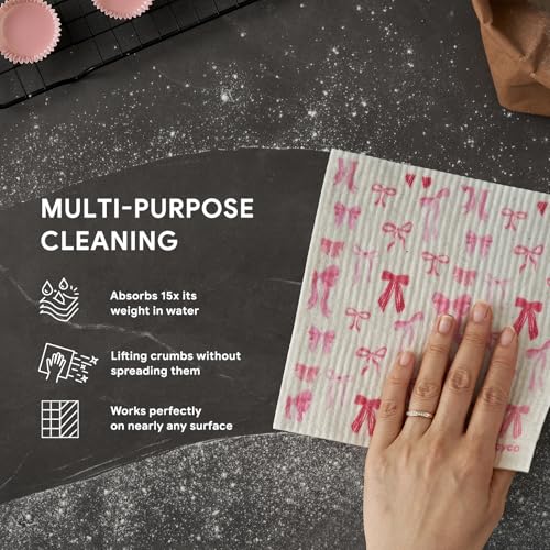 RECYCO Swedish Dishcloths for Kitchen | 6 Packs Lovely Bows Washable Dish Rags | Cellulose Reusable Cleaning Paper Towels | Absorbent Counter Dish Cloth Sponge Kitchen Wipes, 8" L x 7" W - color: Lovely Bows - 6 Pack