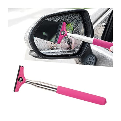 8sanlione Car Rearview Mirror Wiper, American Flag Telescopic Auto Mirror Squeegee Cleaner, Glass Mist Cleaning Tool with Retractable 98cm Handle, Portable Car Windows Water Removal (Pink/Car Logo) - color: Pink/Car Logo