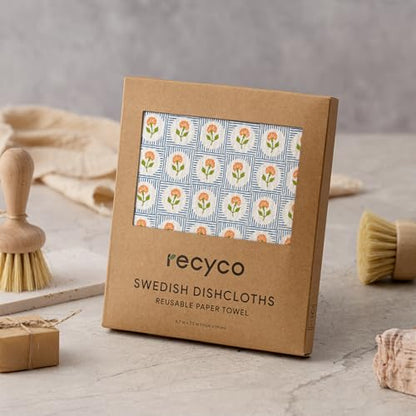 RECYCO Swedish Dishcloths for Kitchen | 6 Packs Bloom Tiles Washable Dish Rags | Cellulose Reusable Cleaning Paper Towels | Absorbent Counter Dish Cloth Sponge Kitchen Wipes, 8" L x 7" W - color: Bloom Tiles - 6 Pack