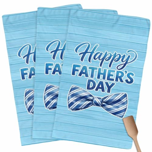 Happy Father's Day Kitchen Towels Set of 3 Blue Stripes Tie Rustic Wooden Grain Decorative Dish Towels Ultra Soft Microfiber Absorbent Reusable Dishcloths for Kitchen Drying, 18x28 Inch - size: 28" x 18" (Pack of 3)