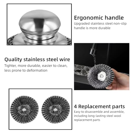 6 Pcs Steel Wool Scrubber Set, Stainless Steel Scrubber with Handled Replacement Metal Wire Pads for Cleaning Dishes, Cast Iron, Stock Pots, Pans, Griddles, Grills