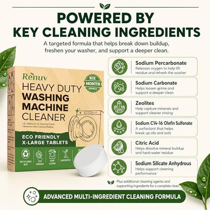 Renuv® Heavy Duty Washing Machine Cleaner & Descaler & Deodorizer Tablets | Deep Cleaning Tablets Remove Residue, Grime Buildup, Front Load or Top Load Washer, HE and Septic Safe, 6 Month Supply - style: 6 XL Tablets (6 Months)