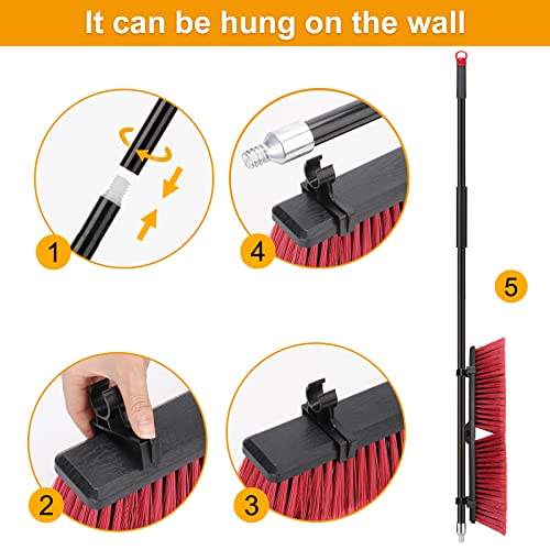 18 inches Push Broom Outdoor Garden Broom with 63" Long Handle for Deck Driveway Garage Yard Patio Concrete Floor Cleaning(Red) - color: Red