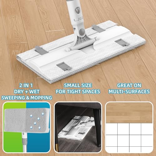 Disposable Pad Flat Mop for Floor Cleaning, 15.7 in (40 cm) Aluminum Base, 52 in Aluminum Handle, Includes 20 Dry Pads + 20 Wet Pads, Hands-Free Easy Clean – LJGG (Gray/White) - size: 51.7 in Handle, 10.8 x 5.1 in Mop Head