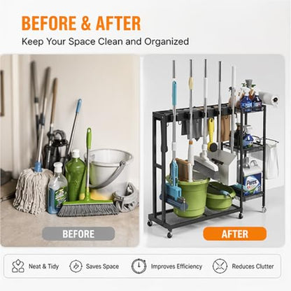 Rolling Cleaning Cart with Wheels, Mop and Broom Holder Organizer, Heavy Duty Utility Cleaning Supply Rack with Storage Shelves & Hooks for Garage, Laundry Room, Kitchen