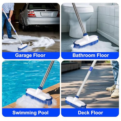 Floor Scrub Brush with Long Handle, 2 in 1 Deck Scrub Brush, Stiff Bristle Scrub Broom & Cleaning Brush for Tile Floor,Deck,Patio,Marble,Garage,Wall, Kitchen,Bathroom - size: 10"