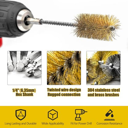 8 Pcs Bore Brush Set - 304 Stainless Steel & Brass Drill Wire Bore Cleaning Brushes with 1/4" Hex Shank for Power Drills Ports Tubes Bearings Cleaning Parts, 3/8'' 1/2'' 3/4'' 7/8''