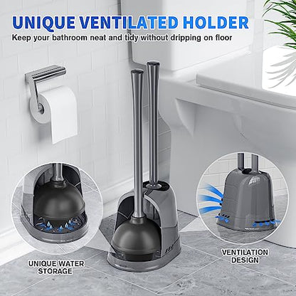 Toilet Plunger and Brush, Bowl Brush and Heavy Duty Toilet Plunger Set with Ventilated Holder, 2-in-1 Toilet Brush and Plunger Combo for 5.3-inch Toilet Drain Bathroom Cleaning (Gray, 1 Set) - color: Gray