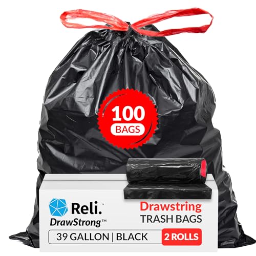 Reli. 39 Gallon Trash Bags Drawstring (100 Count) Large 39 Gallon Heavy Duty Drawstring Trash Bags, Garbage 39Gal Capacity, Lawn Leaf (39Gal, Black) - size: 1 Count (Pack of 100)