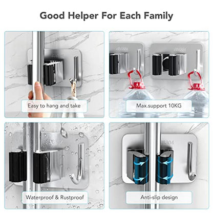 homeasy Mop Broom Holder No Drill, Mop Broom Organizer Wall Mounted Heavy Duty with Hooks Hanger, Self Adhesive Stainless Steel 4Pcs for Bathroom, Kitchen, Office (Multicolor) - color: Silver Mix