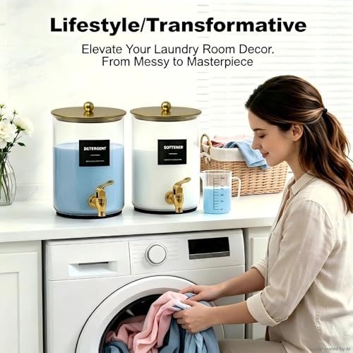 Glass Laundry Detergent Dispenser,1 Gallon Large Liquid Soap 1Pack(Gold) | Complete borosilicate jars set with leakproof spigots, protective silicone mats, minimalist labels, and dosing cups. - color: Gold-1