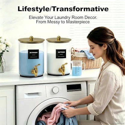 Glass Laundry Detergent Dispenser,1 Gallon Large Liquid Soap 1Pack(Gold) | Complete borosilicate jars set with leakproof spigots, protective silicone mats, minimalist labels, and dosing cups. - color: Gold-1