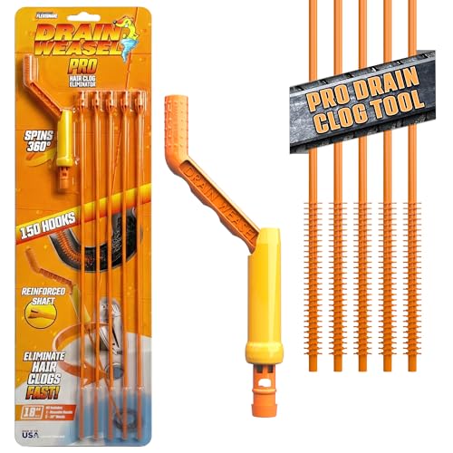 FlexiSnake Pro Drain Weasel Sink Snake Cleaner with New Molded Tip - 18″ - Drain Snake Clog Remover Tool with Rotating Handle & 5 Wand Refills - Easy to Use on Drains & Grates - Made in USA - 5-Pack - style: 5 pk