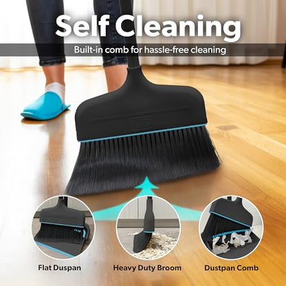 BLACK+DECKER Butler Broom & Dustpan Set - Short Handle, Stand-Up Design - Lightweight, Space-Saving Combo for Kitchen, Living Room, Bathroom, Lobby Floors - Home Cleaning Essential, Black/Blue - size: Black Butler Broom & Dustpan